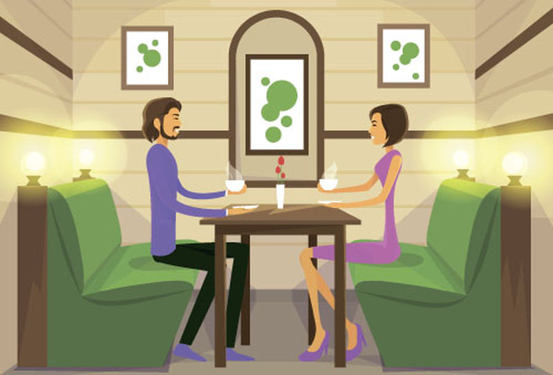 情侣坐在咖啡桌上喝咖啡浪漫爱情约会矢量图