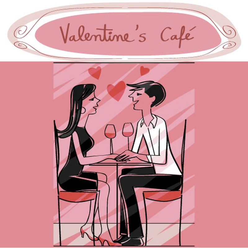 咖啡馆里两个情人的手绘插图-交谈和饮酒-粉色情人节卡片