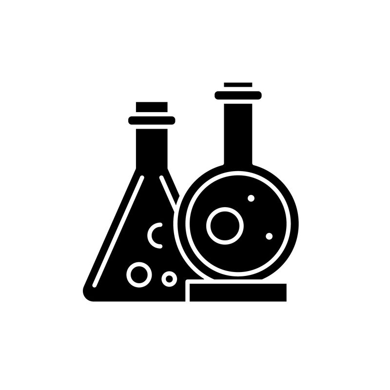 化学实验室的黑色图标，矢量标记在孤立的背景上。化学实验室概念符号，插图