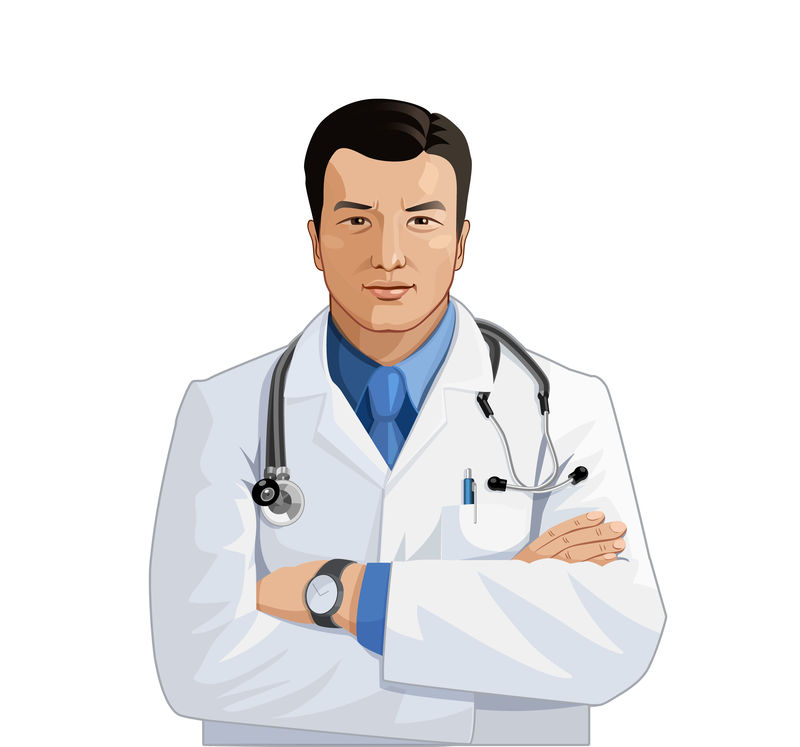 矢量图显示年轻自信的亚洲医生穿着白色长袍和听诊器交叉双臂站立