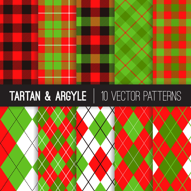 圣诞菱形花纹-格子花纹和水牛格子花纹矢量图案-传统的红色、黑色、绿色和白色冬季假期背景-包括矢量图案瓷砖样本