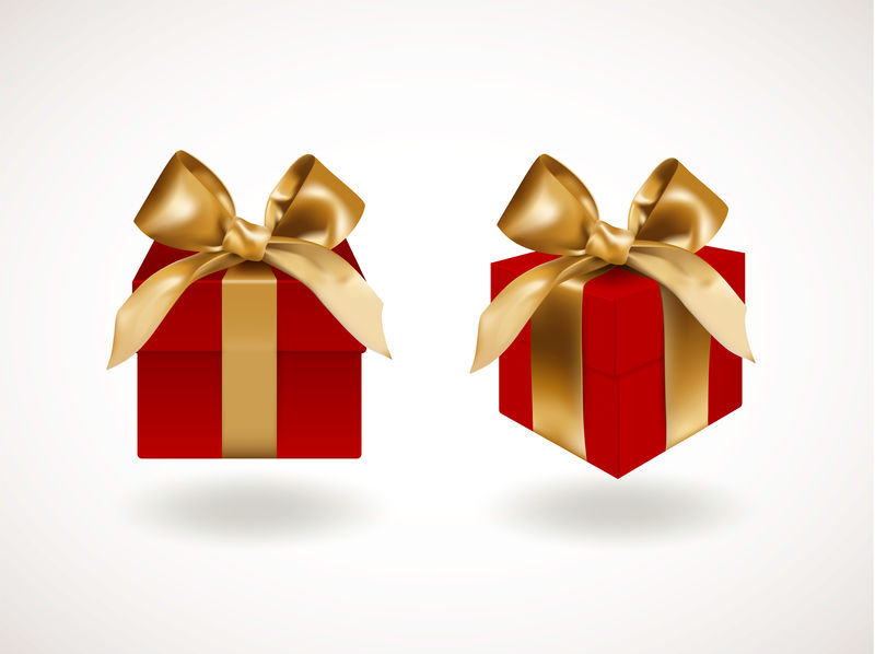 两个封闭的红色礼品盒的正面视图，用金色优雅的蝴蝶结包扎。孤立在白色背景上的对象或图标。逼真的矢量图。