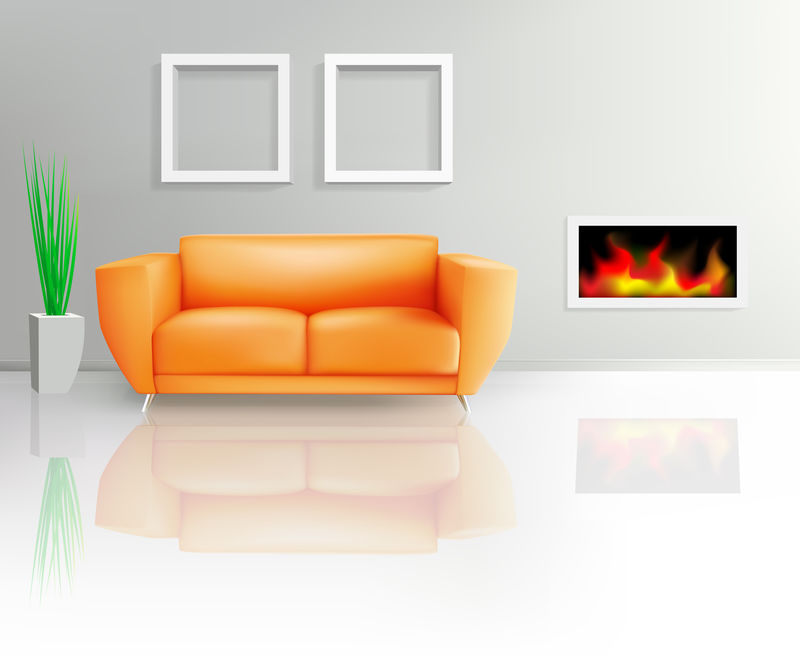 橙色沙发和壁炉