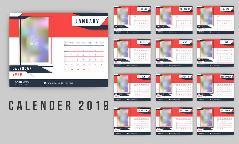 2019日历设计，一套12个月模板式办公桌平面图