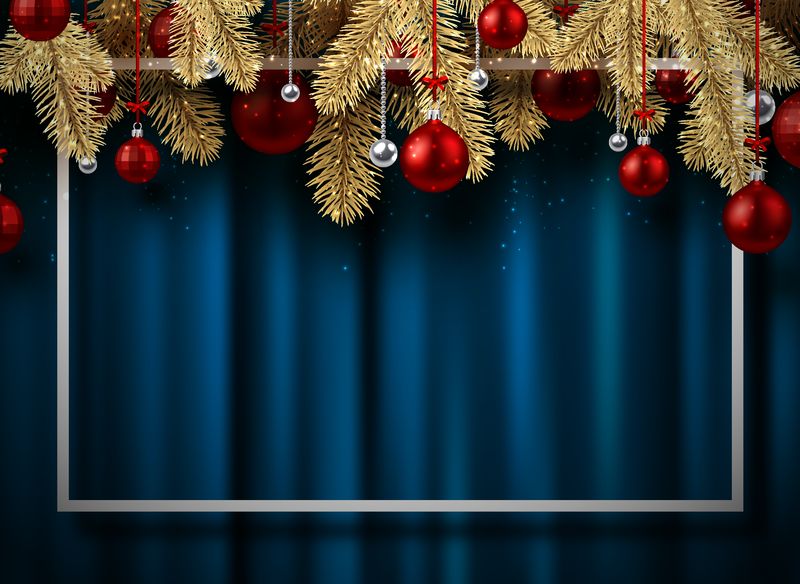 圣诞贺卡和新年贺卡的框架-冷杉枝和红色圣诞球蓝色缎面织物背景-矢量背景
