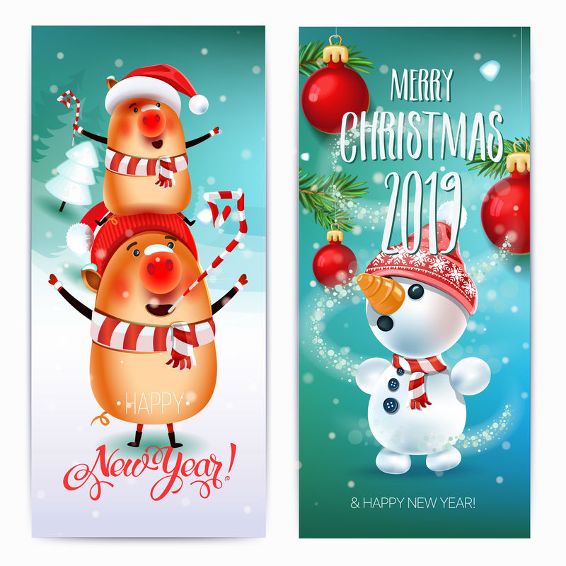 2019年圣诞快乐和新年横幅-冬季景观上的猪象征着2019年的圣诞树在雪地的草地上-邀请卡和假日模板.vector