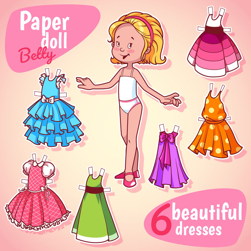 非常可爱的纸娃娃，有六件漂亮的衣服。金发女孩。ve