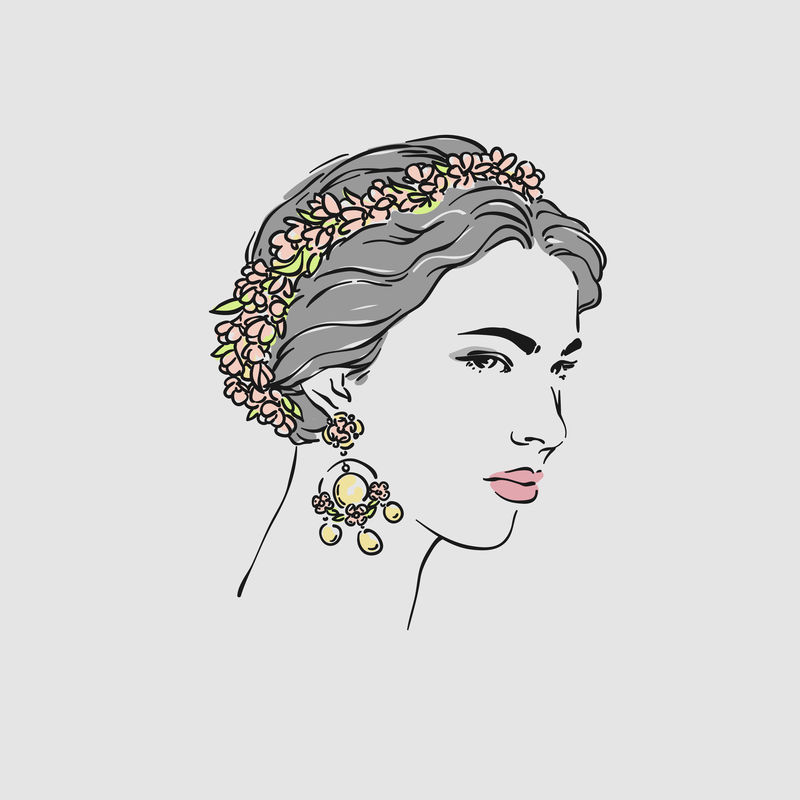 漂亮的年轻女子戴着金耳环和花冠。矢量手绘插图。