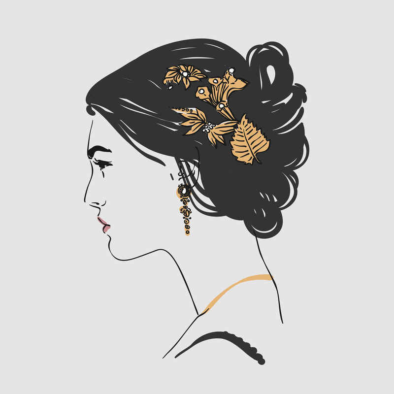 漂亮的年轻女子，戴着金耳环，头上插着花。矢量手绘插图。