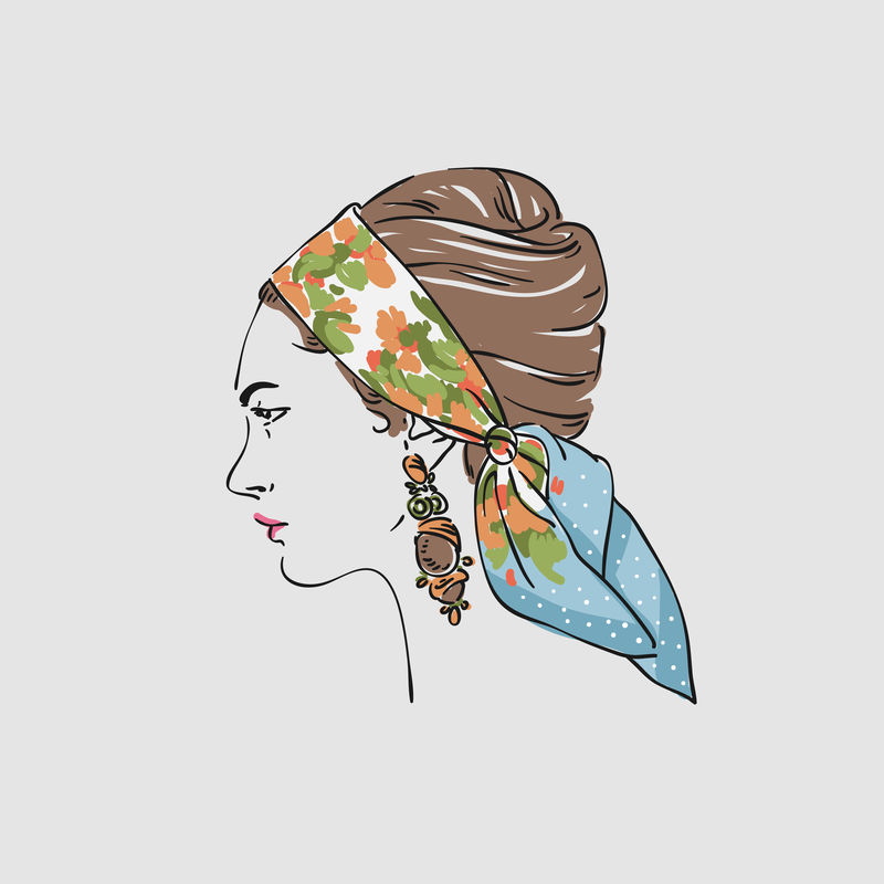 漂亮的年轻女子戴着大金耳环的头巾矢量手绘插图。