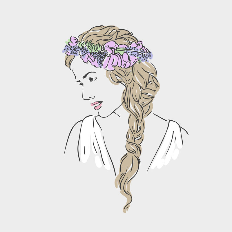 年轻漂亮的女人，头发上长着花。矢量手绘插图。
