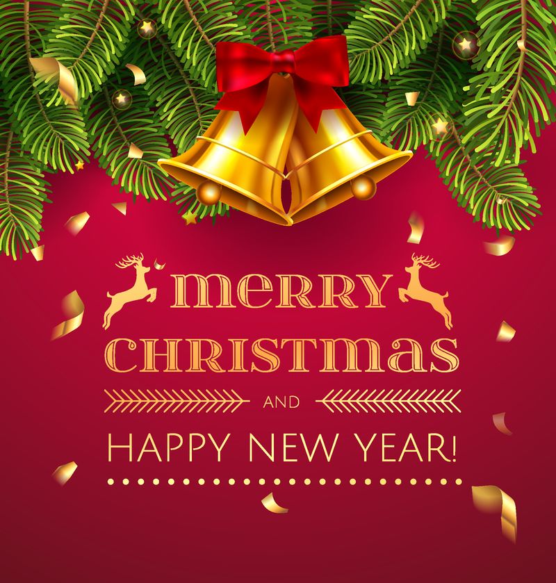 圣诞快乐-新年快乐-圣诞贺卡上装饰着冷杉树缘-金铃和彩纸-红色、绿色和金色圣诞经典色彩矢量图-每股收益10