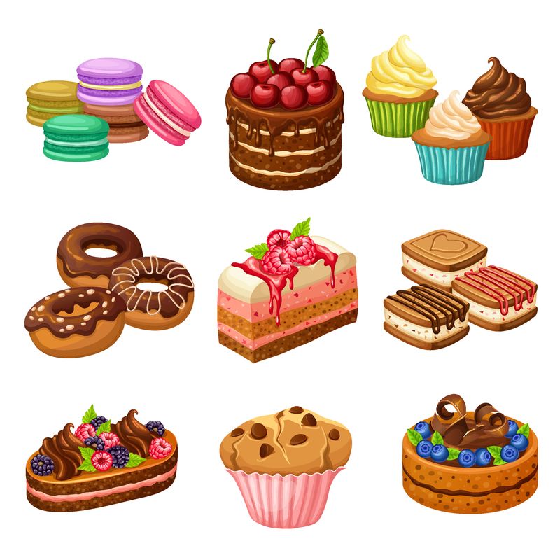 卡通甜品元素集蛋糕派、纸杯蛋糕、松饼、布丁、金刚鹦鹉和甜甜圈为一体的独立矢量插图