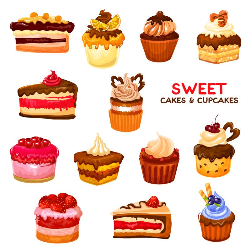 蛋糕和甜点图标和标志-巧克力蛋糕或松饼、水果芝士蛋糕、配料或奶油、浆果和香草糖霜-面包店或咖啡馆菜单、糕点、菜肴和膳食载体