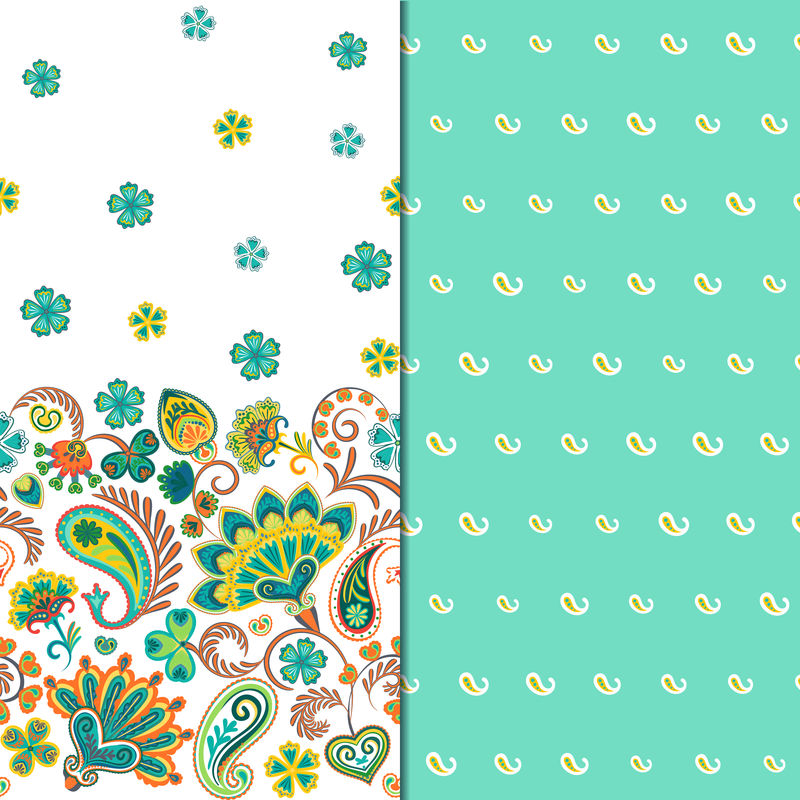 一套两个水平无缝花卉图案与佩斯利和梦幻花卉边界。衣服、床上用品、衣服布料等的手工纹理。蓝色