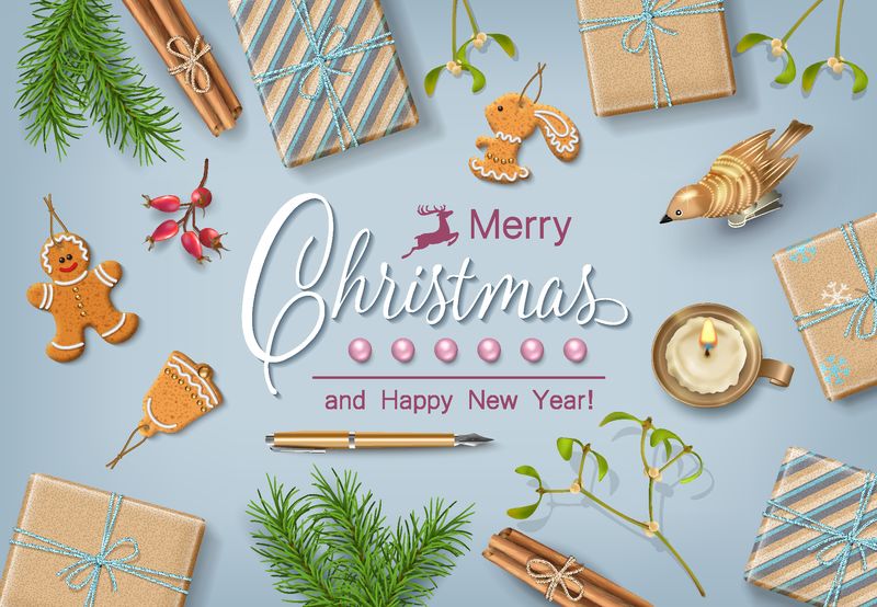 圣诞矢量顶视图背景与蜡烛-礼品盒-圣诞黄金饰品和装饰-平铺设计