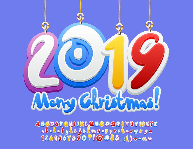 矢量彩色贺卡-2019年圣诞快乐-儿童玩具-儿童风格字体-明亮有趣的字母表