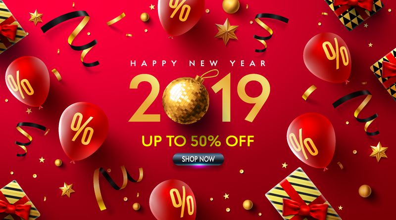 2019年新年快乐促销海报或横幅-带有红色气球、礼品盒、金色丝带和五彩纸屑-金色和红色风格的圣诞节促销或购物模板-vector eps10