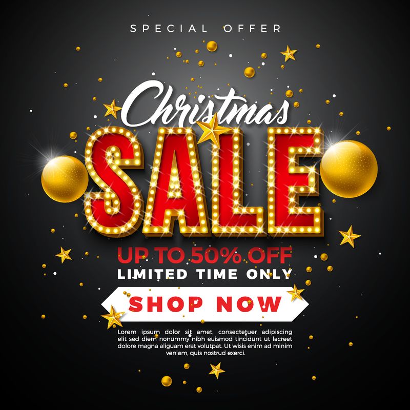 圣诞销售设计-黑色背景上印有装饰性的球和灯泡-假日矢量插图-带有优惠券、优惠券、横幅、传单的特殊优惠印刷元素