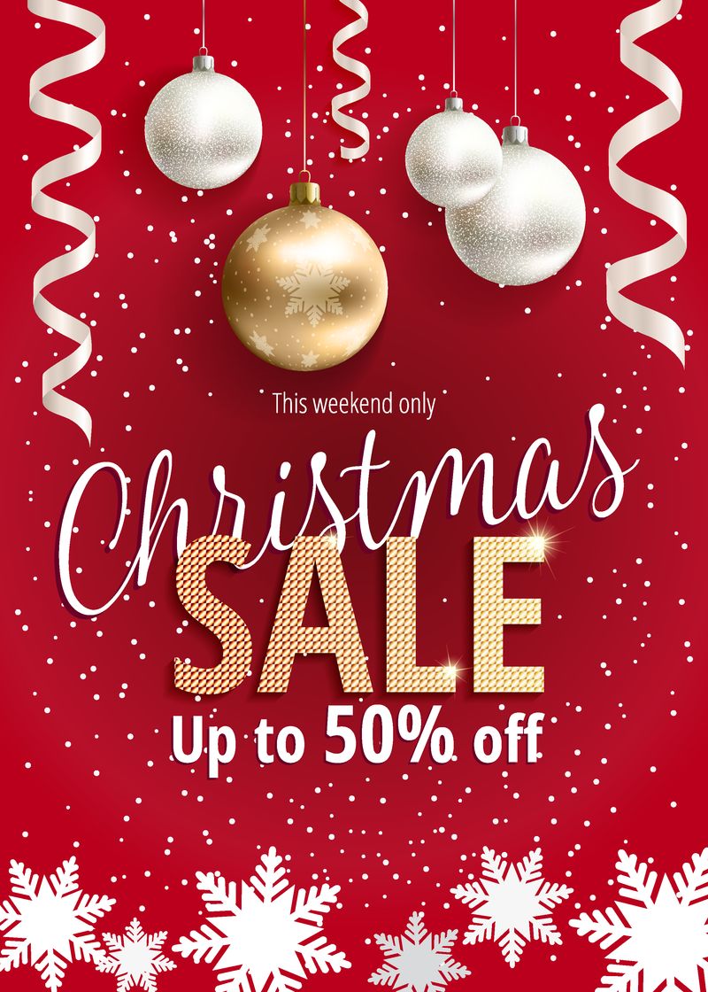 圣诞节大减价-折扣高达50%-用于网站或广告传单的横幅-现实向量-金色、红色和白色-节日新年设计模板-EPS10
