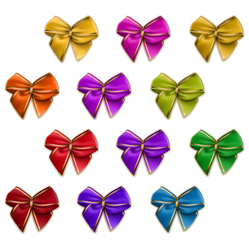 一套优雅的丝质蝴蝶结-带有金色条纹-用于网页设计、邀请、礼物、贺卡-矢量图EPS10