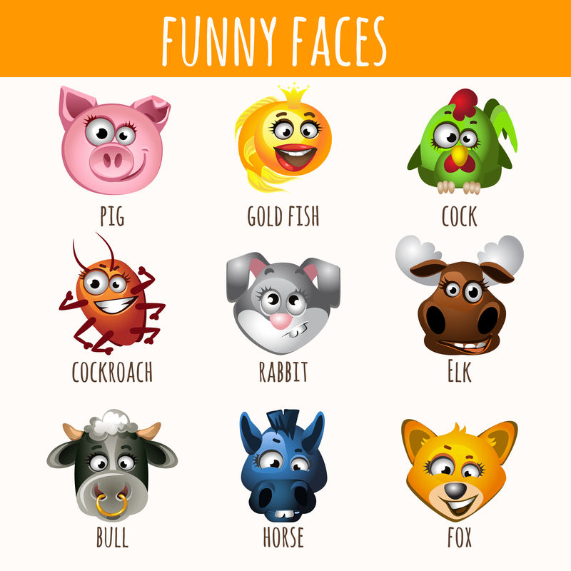 动物有趣的脸，九个字符的集合