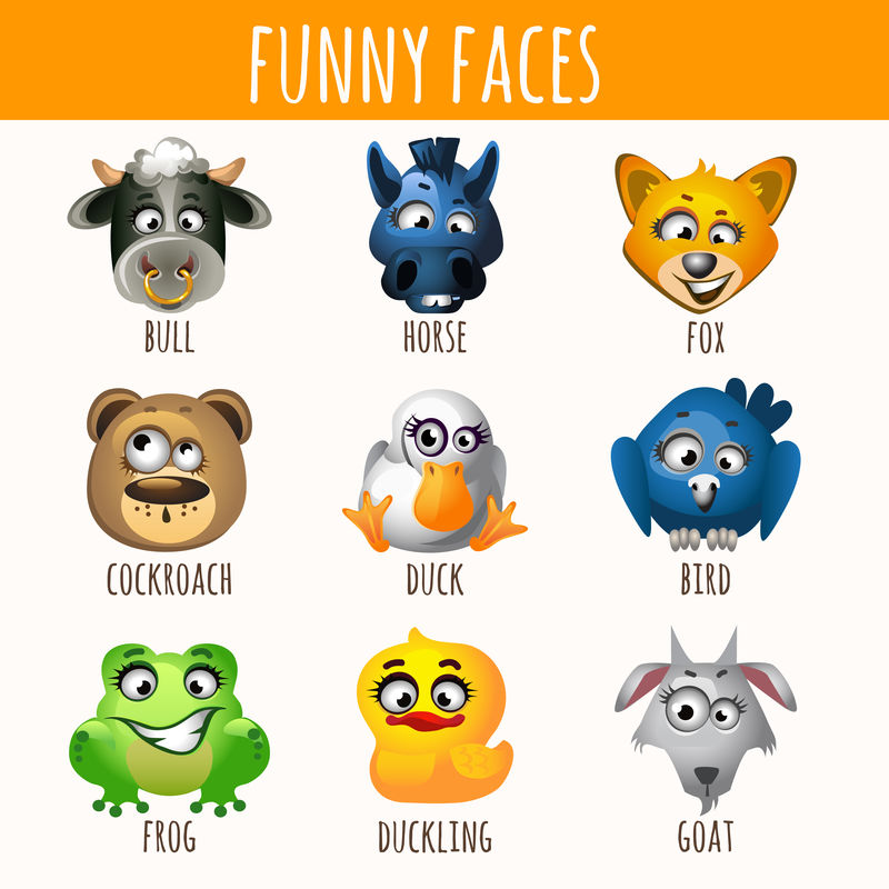 动物有趣的脸，由九个不同的角色组成