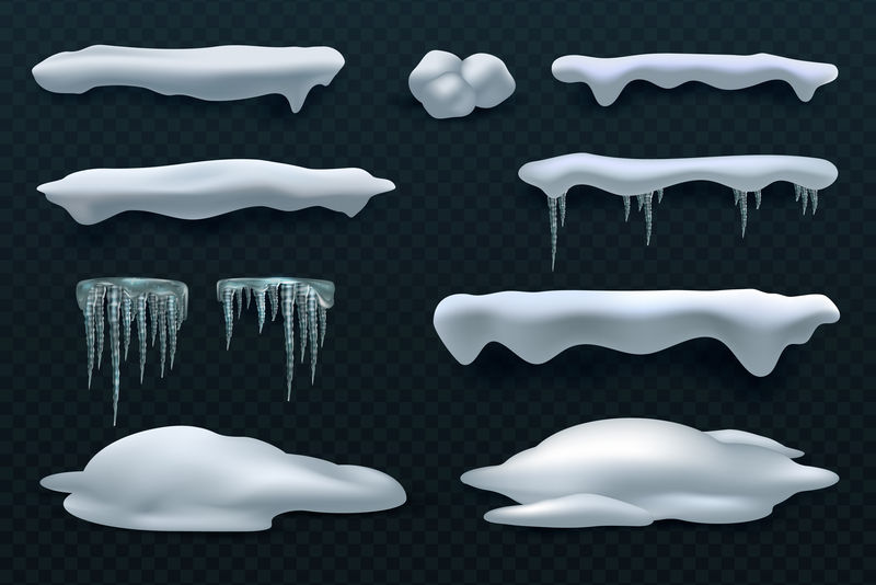 雪帽和冰柱。雪球和雪堆矢量冬季装饰孤立