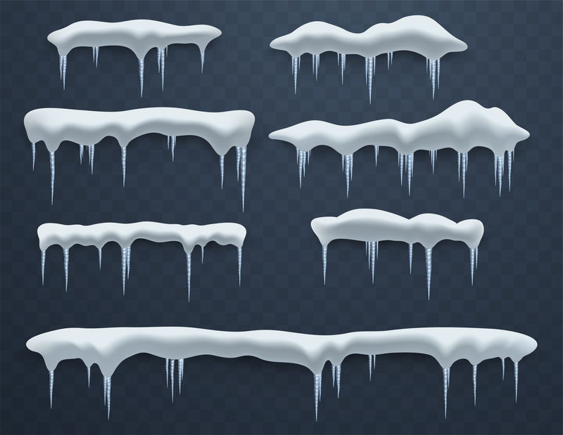 一套冰帽。雪堆，冰柱，冬季装饰元素，冰装饰。真实的雪团。