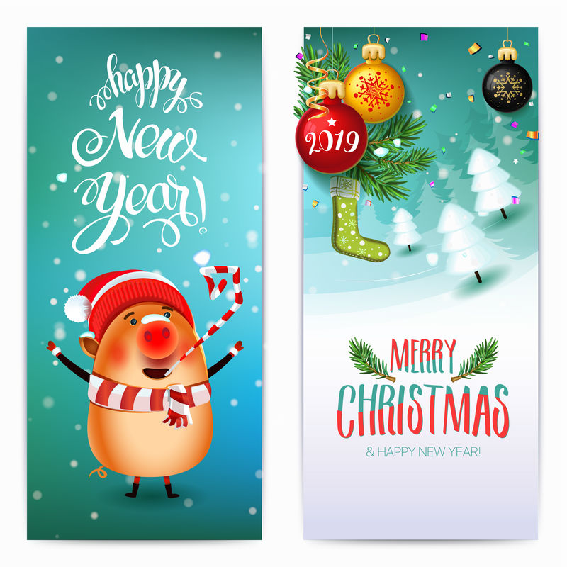 2019年圣诞快乐和新年横幅-冬季景观上的猪象征着2019年的圣诞树在雪地的草地上-邀请卡和假日模板.vector