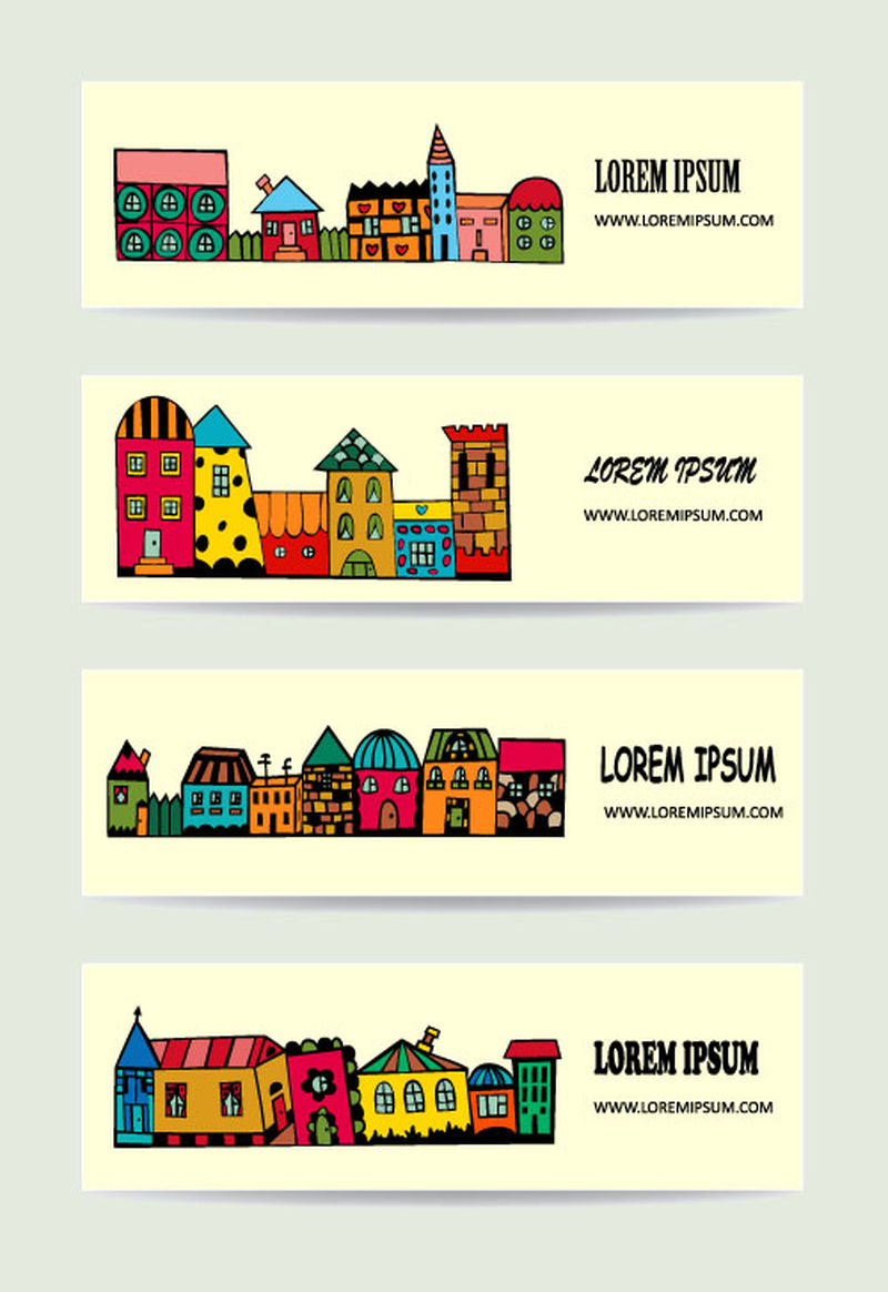 带有明亮卡通房屋的城镇横幅-手工绘制的房子-涂鸦的城市-城镇涂鸦集-用于旅行社或房地产公司-矢量图解