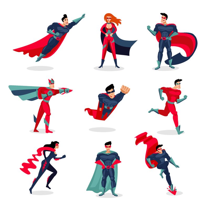 超级英雄人物集人物穿着五颜六色的服装在不同的姿势和动作孤立的矢量图