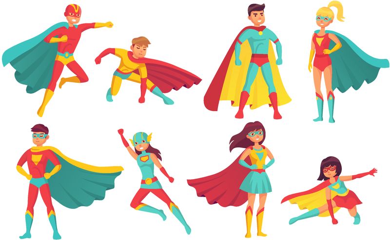卡通超级英雄人物-男女飞行超级英雄在斗篷中与超级大国摆姿势-勇敢的人类力量肌肉英俊的超人和超女漫画英雄孤立向量图标集
