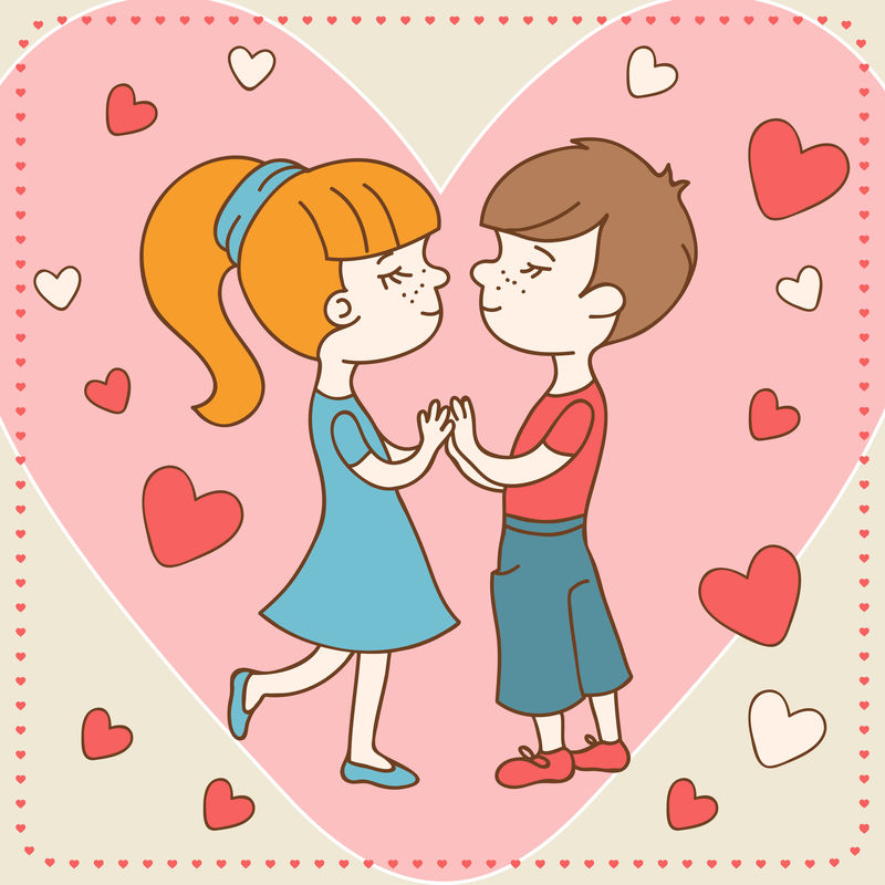 男孩亲吻女孩的情人节卡片。