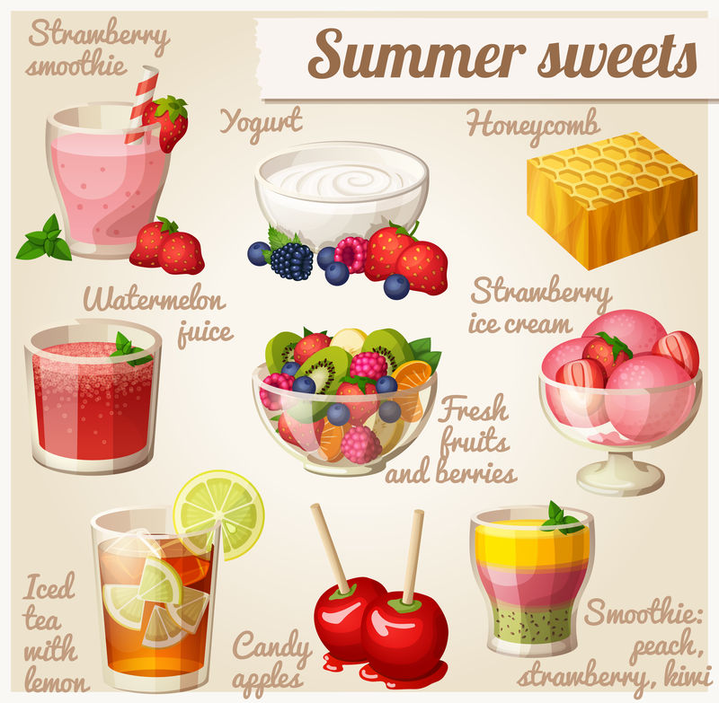一组食物图标。夏日甜品
