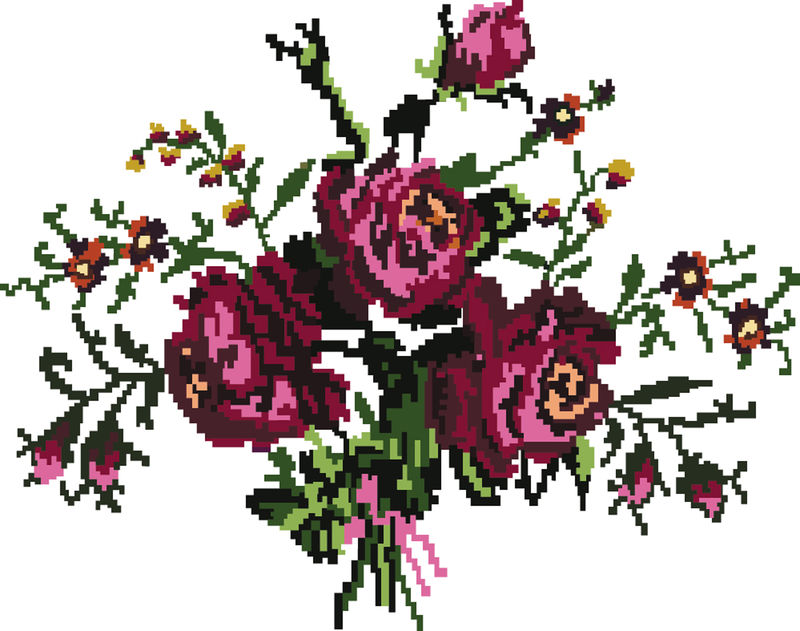 用传统的乌克兰刺绣元素将花（玫瑰和矢车菊）染成紫色和绿色-可作为像素艺术、卡片、会徽、图标使用