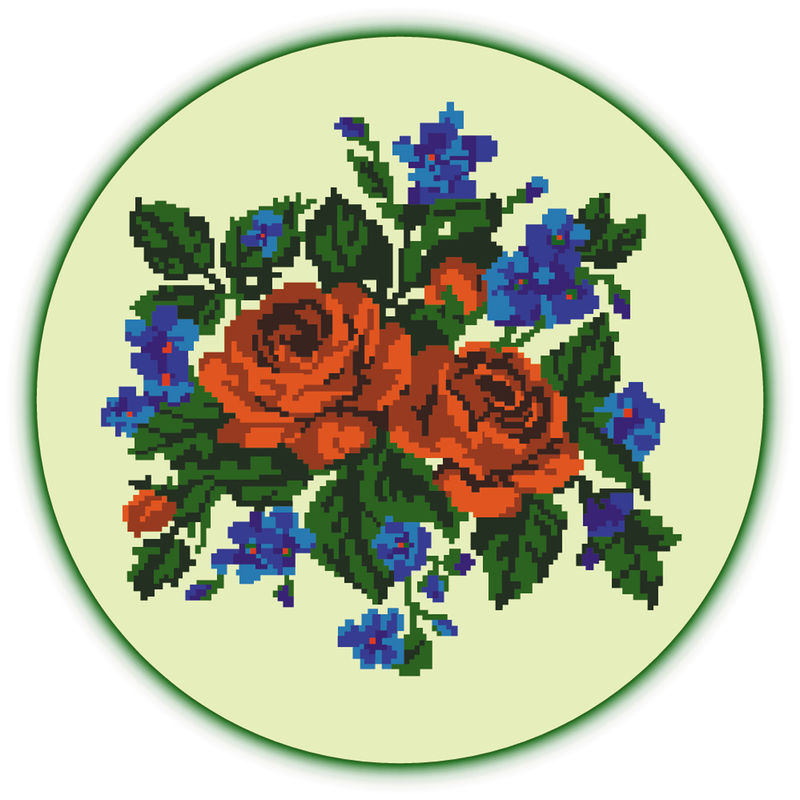 花束（玫瑰和矢车菊）采用传统乌克兰刺绣元素的橙色色调-可作为像素艺术、卡片、会徽、图标使用