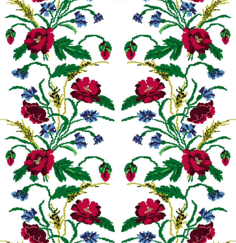 无缝图案-壁纸或纺织品-用乌克兰传统刺绣元素制成的花束（罂粟花、麦穗和矢车菊）-可以用作像素艺术