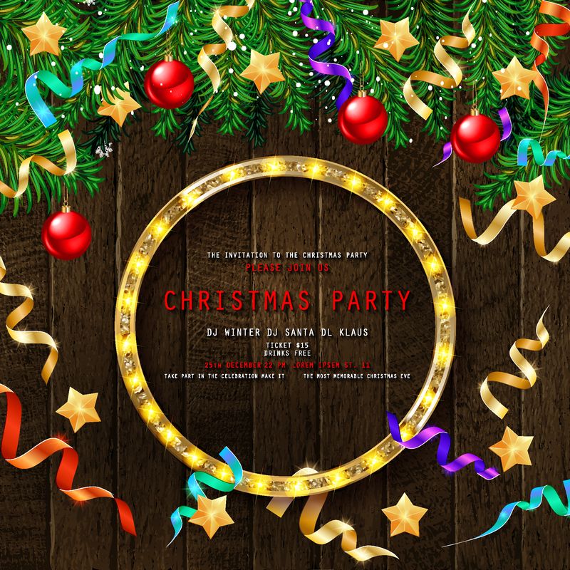 邀请参加木制背景的圣诞晚会-用金属箔和球装饰-光栅复制