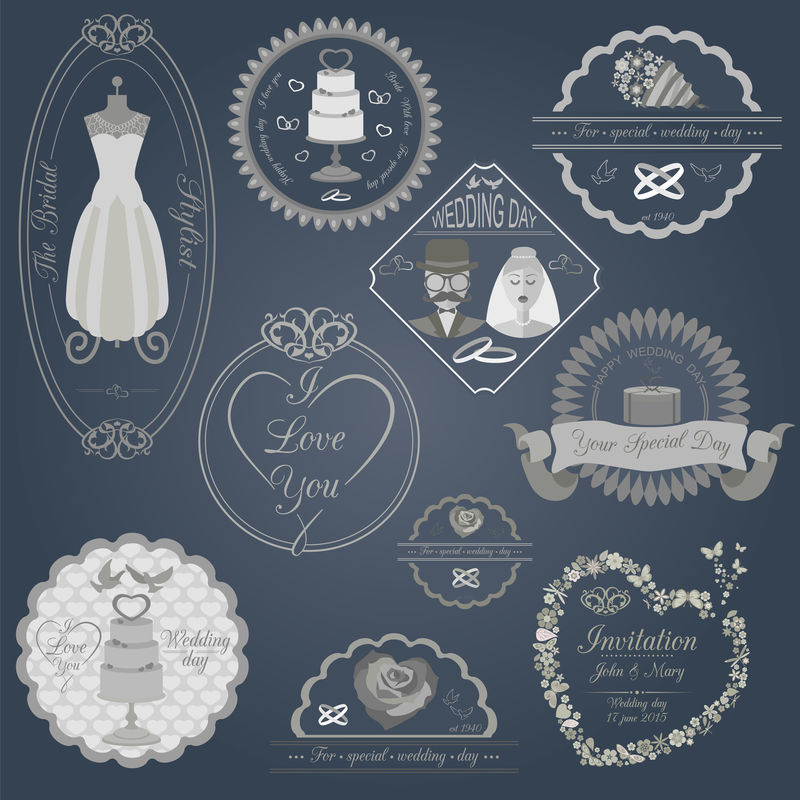 一套复古婚礼和婚礼时尚风格的标志。向量L