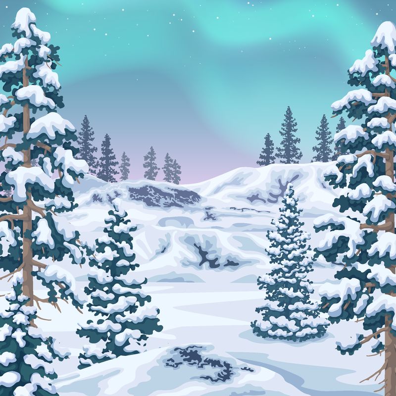 北极光-星空中的极光-冬季景观背景为白雪覆盖的冷杉和冰川-矢量平面图