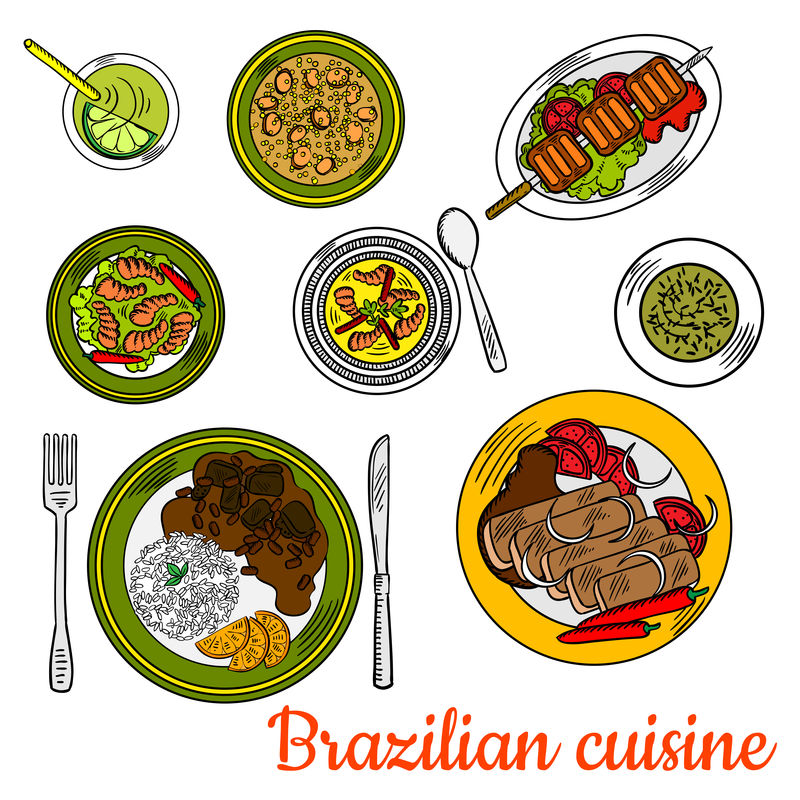 带酸橙鸡尾酒图标的巴西烧烤晚餐
