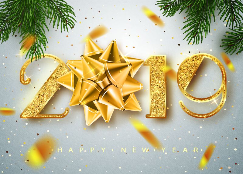 2019新年快乐-金字图案的贺卡落下闪亮的五彩纸屑-金光闪闪的图案-在明亮的背景下-悬挂着2019年数字的“新年快乐”横幅-矢量图