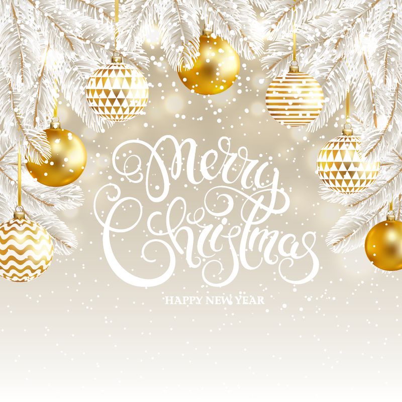 圣诞快乐-新年贺卡上有金球、杉树和雪-矢量图