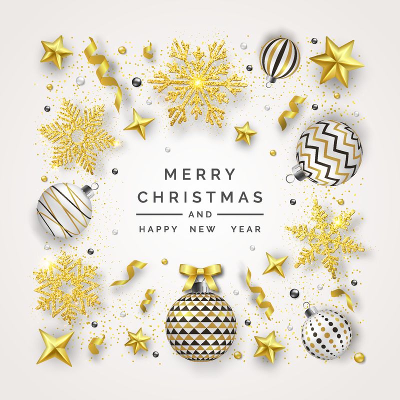 圣诞背景-有闪亮的雪花、蝴蝶结和多彩的球-浅色背景下的新年和圣诞卡片插图