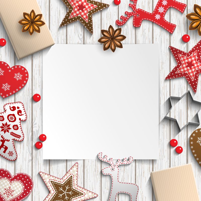 抽象圣诞背景-白色木桌上的北欧风格小装饰中的一张空白纸-灵感来源于平展风格-矢量插图-透明EPS 10