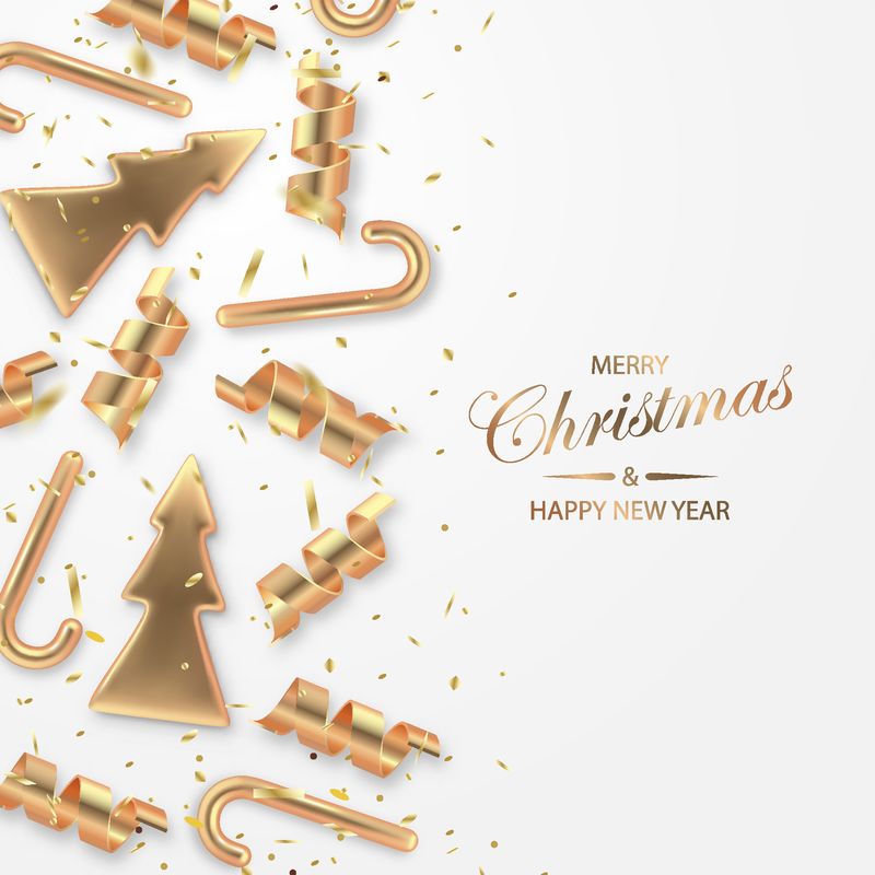 圣诞节的节日背景与黄金金属圣诞节装饰元素和糖果-闪亮的蛇形-冷杉树和糖果逼真的三维装饰-白色隔离