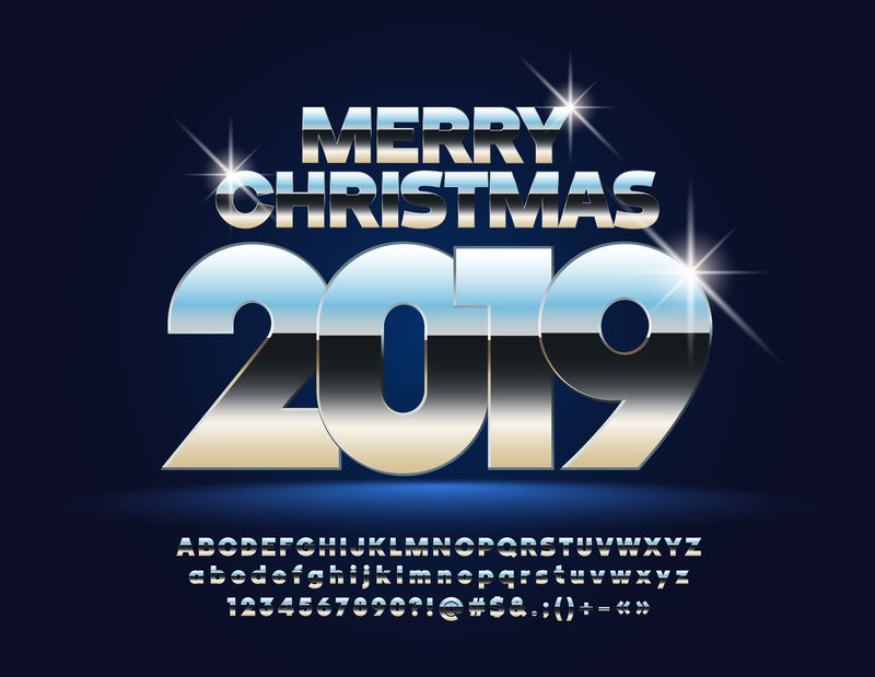 矢量时尚圣诞快乐2019贺卡-明亮的字母-数字-符号-银色豪华字体