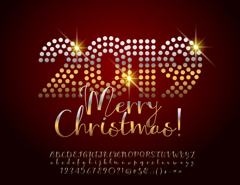 矢量闪亮圣诞快乐2019贺卡-由字母、符号和数字组成的书法字母表-优雅的金色字体
