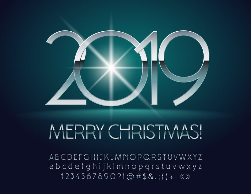 矢量贺卡-2019年圣诞快乐-一套别致的字母、数字和符号-银色细字体